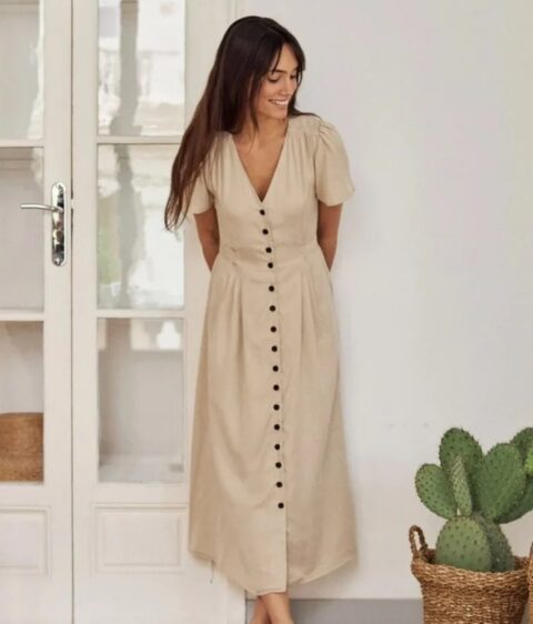 Gathered Detail Florence Half Sleeve V-Neck Dress